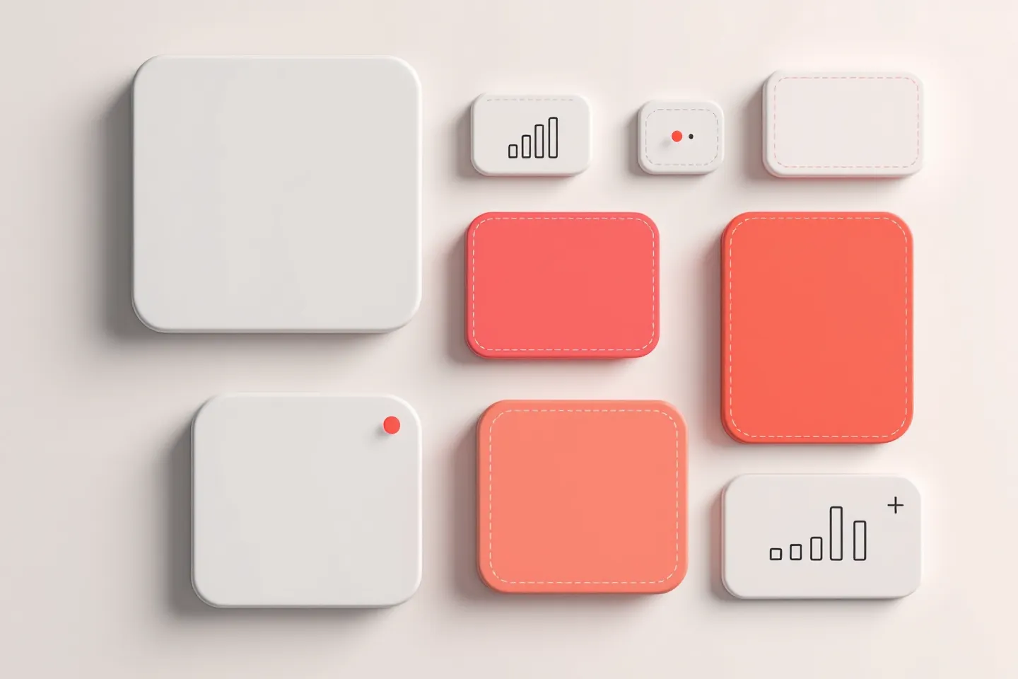 Flat design-system component-library board with monochrome sticker tiles and a single coral accent