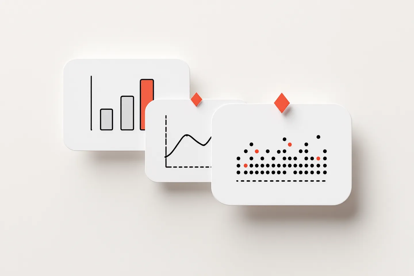 Three floating sticker cards containing abstract bar, line, and forest-plot chart glyphs with coral accents